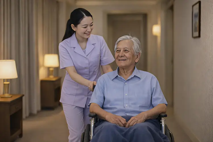 Live-in carer in the UK assisting elderly man in wheelchair along a hallway at home
