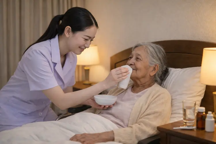 Professional home carer in London feeding elderly woman in bed with medication on bedside table