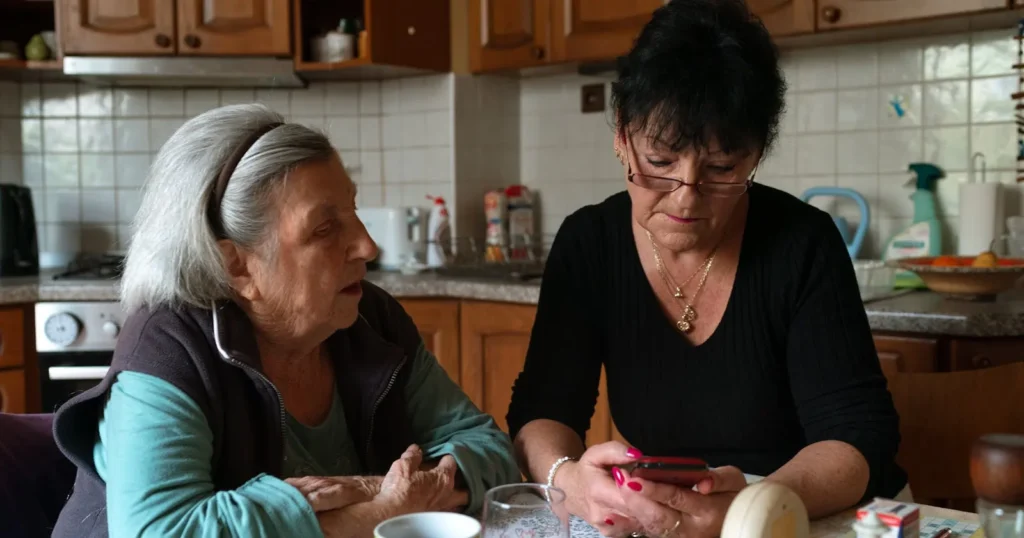 An older woman and her adult daughter sitting together at a kitchen table at home