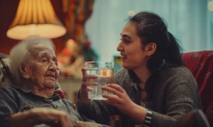 Overnight carer giving a glass of water to an older woman in a warm, lamp-lit living room at home in London