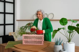 An older woman arranges fresh flowers into a crate at home while wearing gardening gloves