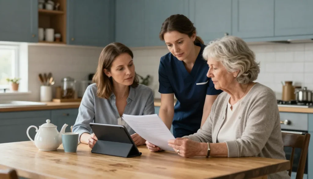 Carer in a navy tunic going through respite care costs and options at a kitchen table with an elderly woman and her adult daughter